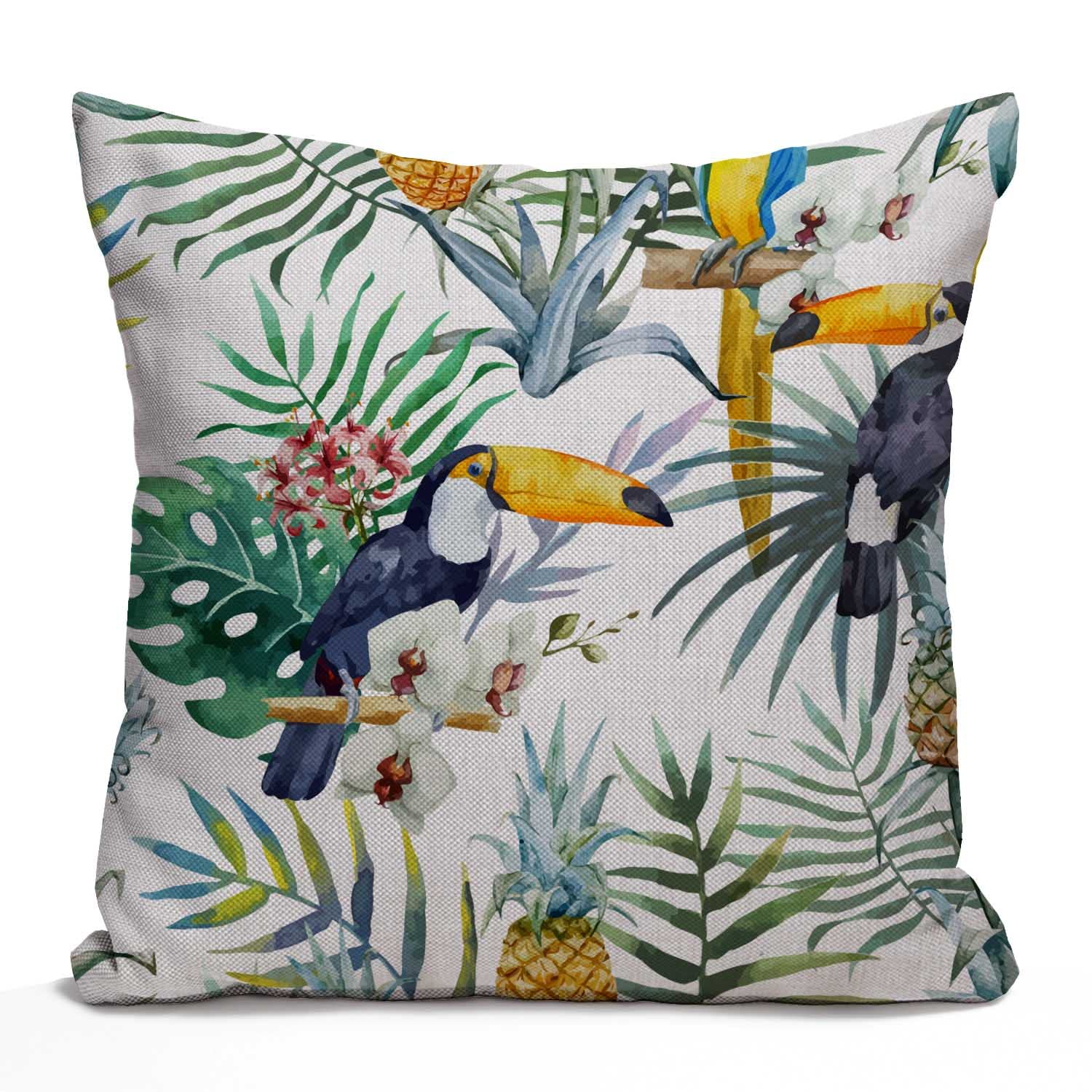 Tomda Tropical Summer Pineapple Parrot Bird Watercolor Cotton Linen Cushion Cover Home Decorative Throw Pillow Case for Sofa Couch Bedding 45x45cm 18x18 Inch