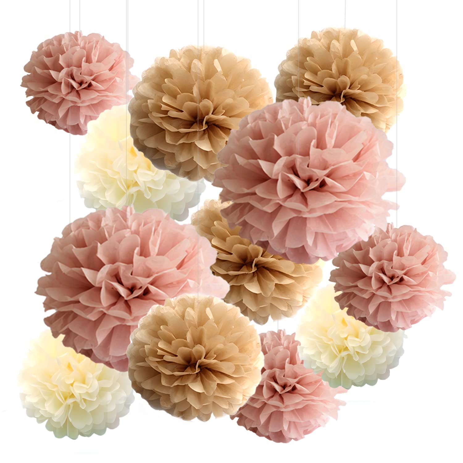 Photo 1 of 12-Piece Boho Dusty Rose Pink Tan Brown Party Tissue Pom Poms Decorations - Blush Pink Brown Cream Paper Flowers Streamers Backdrop for Baby Shower Birthday Wedding Bridal Shower Table Wall Hanging