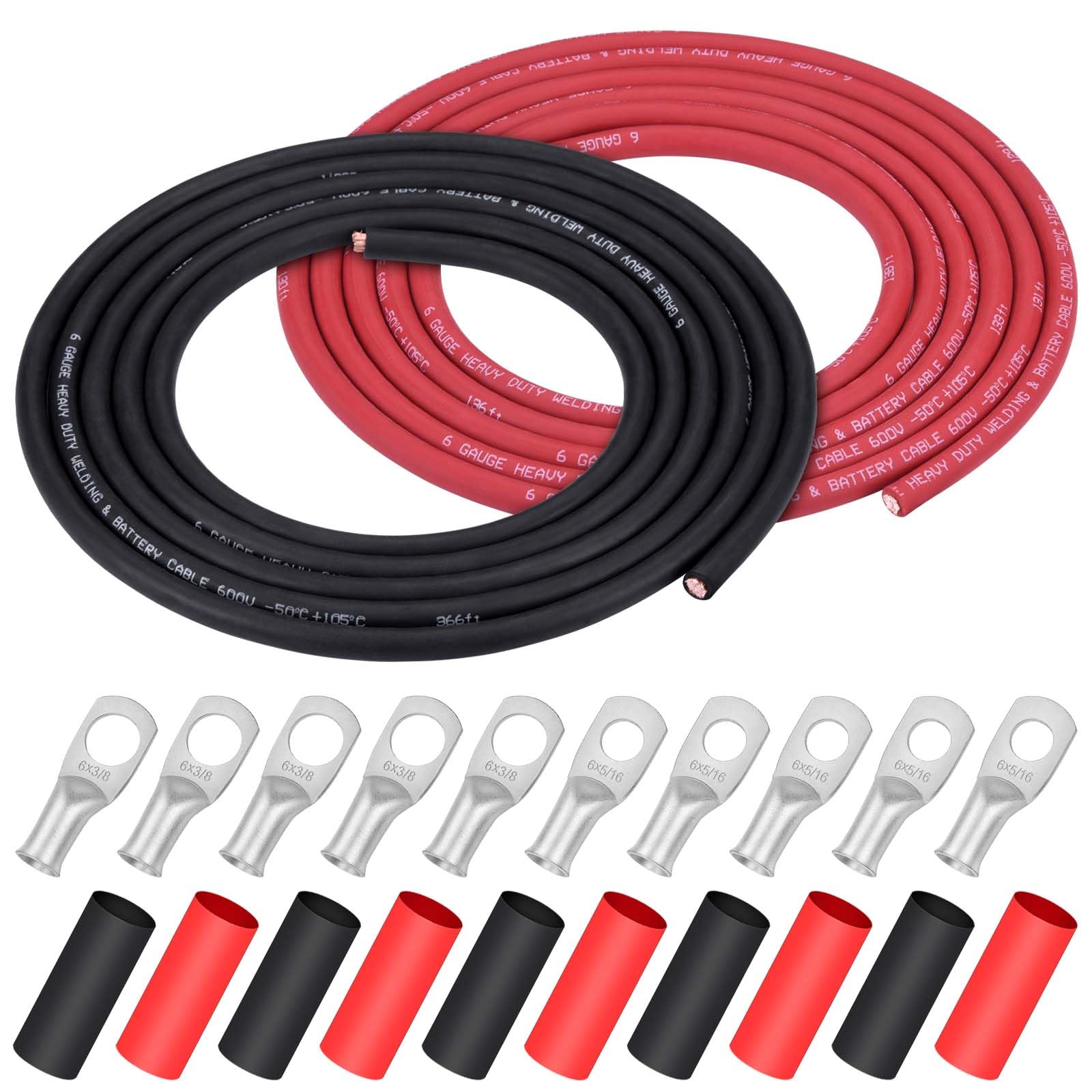 Photo 1 of iGreely 6 Gauge 6 AWG Wire 10 Feet Black + 10 Feet Red Ultra Flexible Welding Battery Pure Copper Cable + 5pcs of 5/16" & 5pcs 3/8" Copper Cable Lug Terminal Connectors+Heat Shrink Tubing