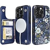 uCOLOR for iPhone 16 Pro Wallet Case Magsafe with Card Holder Slot【Compatible with MagSafe】 Folio Flip PU Leather Design with Camera Lens Protector 6.3" (Navy Blue Daisy)