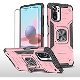 Asuwish Phone Case for Xiaomi Redmi Note 10/10S 4G with Tempered Glass Screen Protector Cover and Ring Holder Stand Slim Hybrid Protective Cell Accessories Redme Note10 S Note10S Women Men Rose Gold