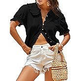 Tankaneo Womens Puff Sleeve Shirts Peter Pan Collar Button Down Cotton Blouse Casual Summer Textured Tops