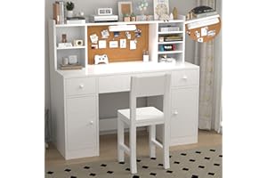 RUPOLX 48x20Inch Wooden Pure White Kids Study Desk and Chair Set with Light, 3 Drawers and 4 Storage Cabinets, Children Desk with Hutch and Shelves, Girls Study Desk for Kids Bedroom-003B