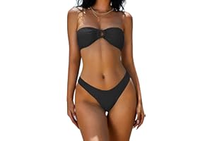 ZAFUL Women's Bandeau Bikini O Ring Strapless Tie Back High Cut Two Piece Swimsuit Bathing Suits