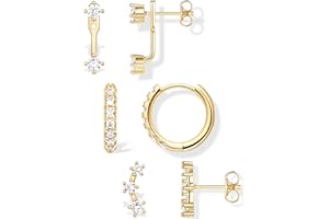 POXTEX Gold Plated Stud Huggie Earrings Stack for Women Trendy, 3 Pairs Small Cute Hoop Jacket Cartilage Earring Set, Fashion Accessories Holiday Western Jewelry Christmas Gifts