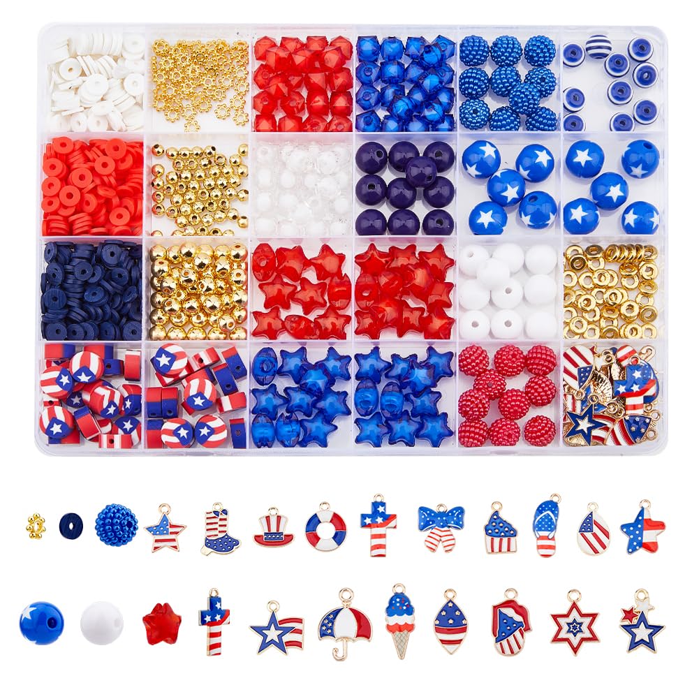 SUPERFINDINGS 1 Box Independence Day Jewelry Making Kit Including 4th of July Acrylic Patriotic Beads, America Flag Alloy Enamel Pendants, Red White Blue Spacer Beads for for DIY Bracelets Earring