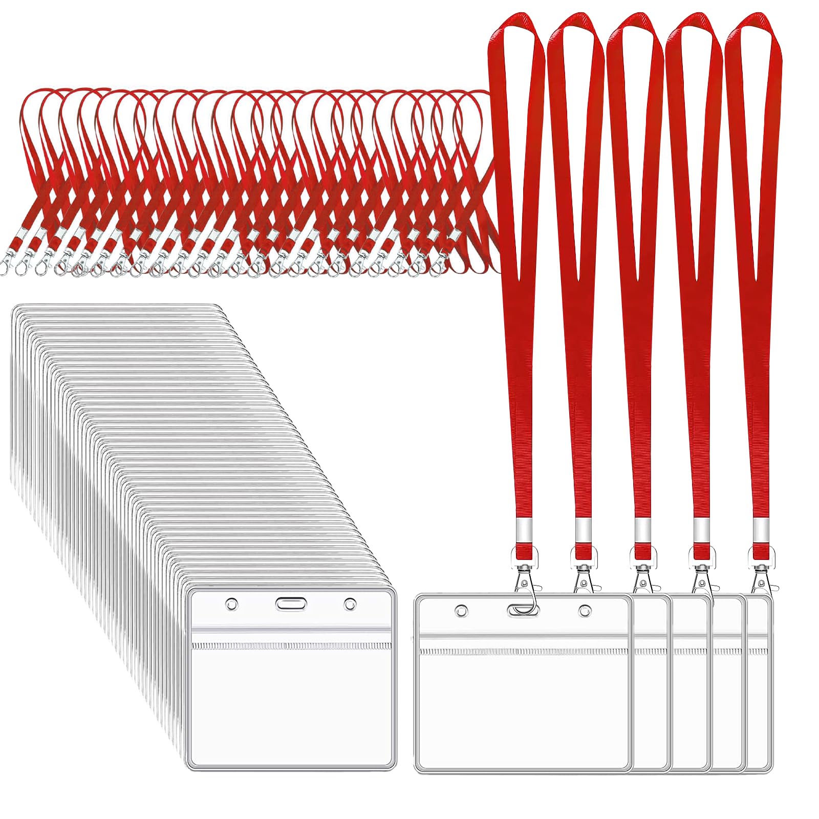 XHDA Red 50PCS Lanyards for Neck with 50PCS Card Holder, Lanyard with Clear Plastic Card Holder for ID Card and Staff