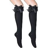 SRYL Women Girl's Cotton Knee High Socks with Lace Ruffle Trim Socks, Calf Socks Bow Style…