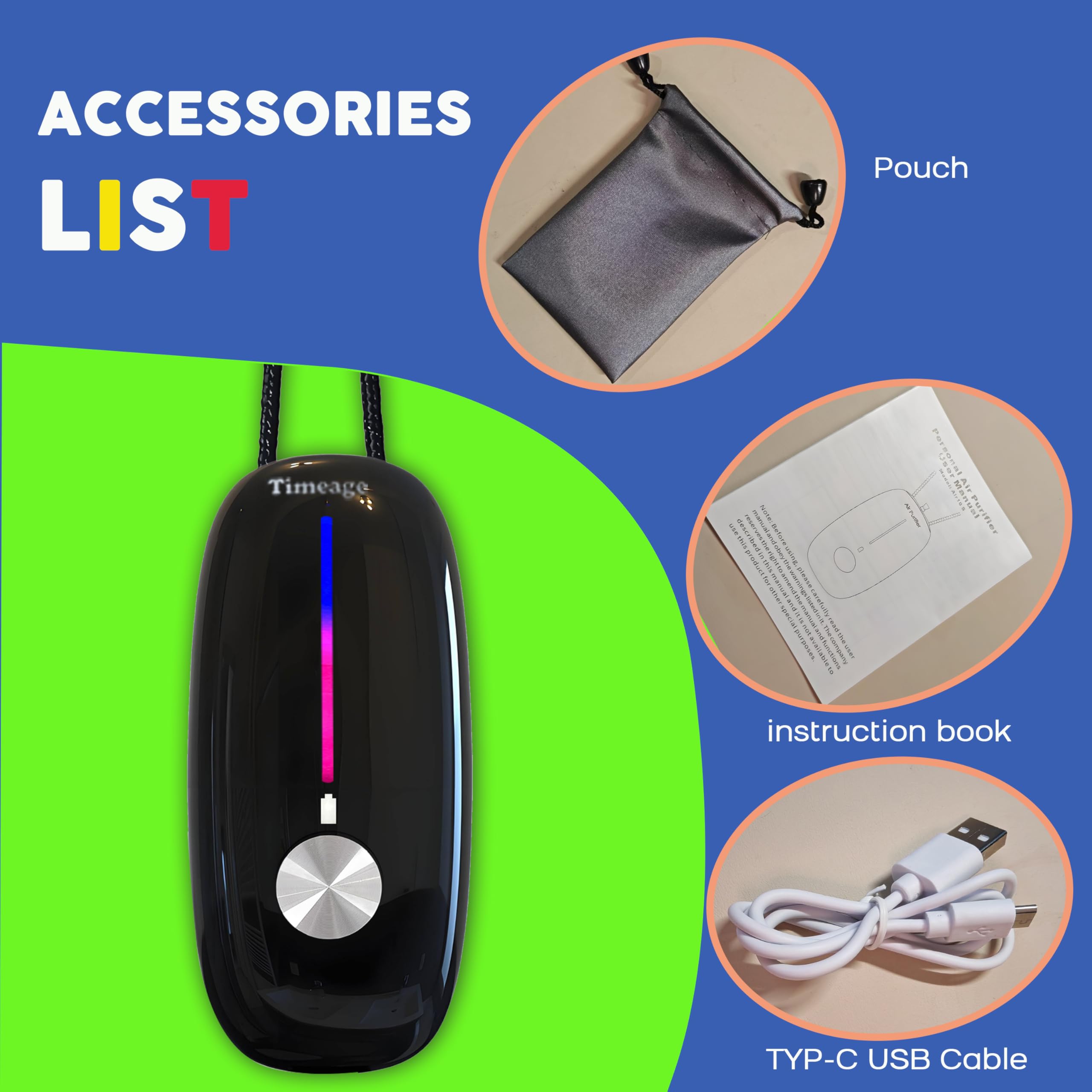 Timeage Portable Air Purifier,Personal Air Purifier Necklace, Wearable Mini Air Ionizer Eliminates Pm2.5, Allergy Pollen,Smoke,Dust for Outdoor,Travel(Black)