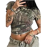 RoseSeek Women's Camo Print Crop Tops Short Sleeve Crewneck Slim Fit T Shirt Summer Graphic Tees