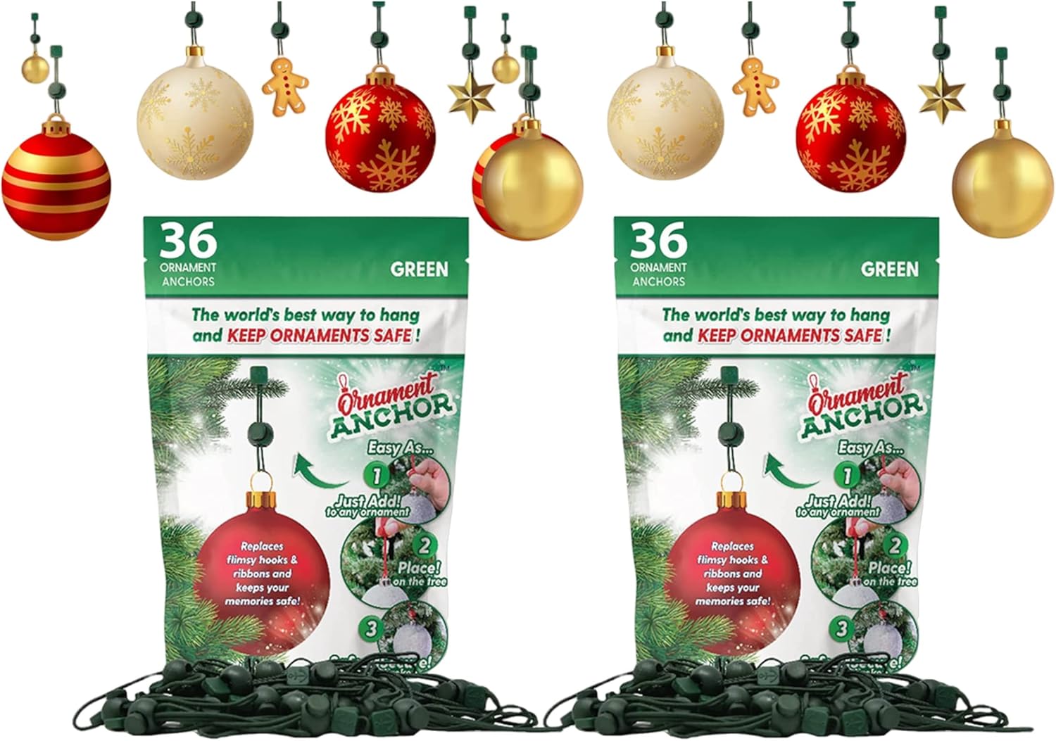 Ornament Hooks - ORNAMENT ANCHOR Ornament Hooks for Hanging Christmas Decorations - No-Slip Hanging Hooks for Xmas - Heavy Duty Christmas Tree Ornaments Hanger Hooks for Small & Large Ornaments (Green,36 Count 2 Pack)