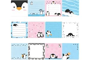 12 Pack 3×3 Inch Cute Penguin Sticky Notes, Self Stick Note Pads with Adorable Penguin Cartoon Design, Memo Pads for School, 