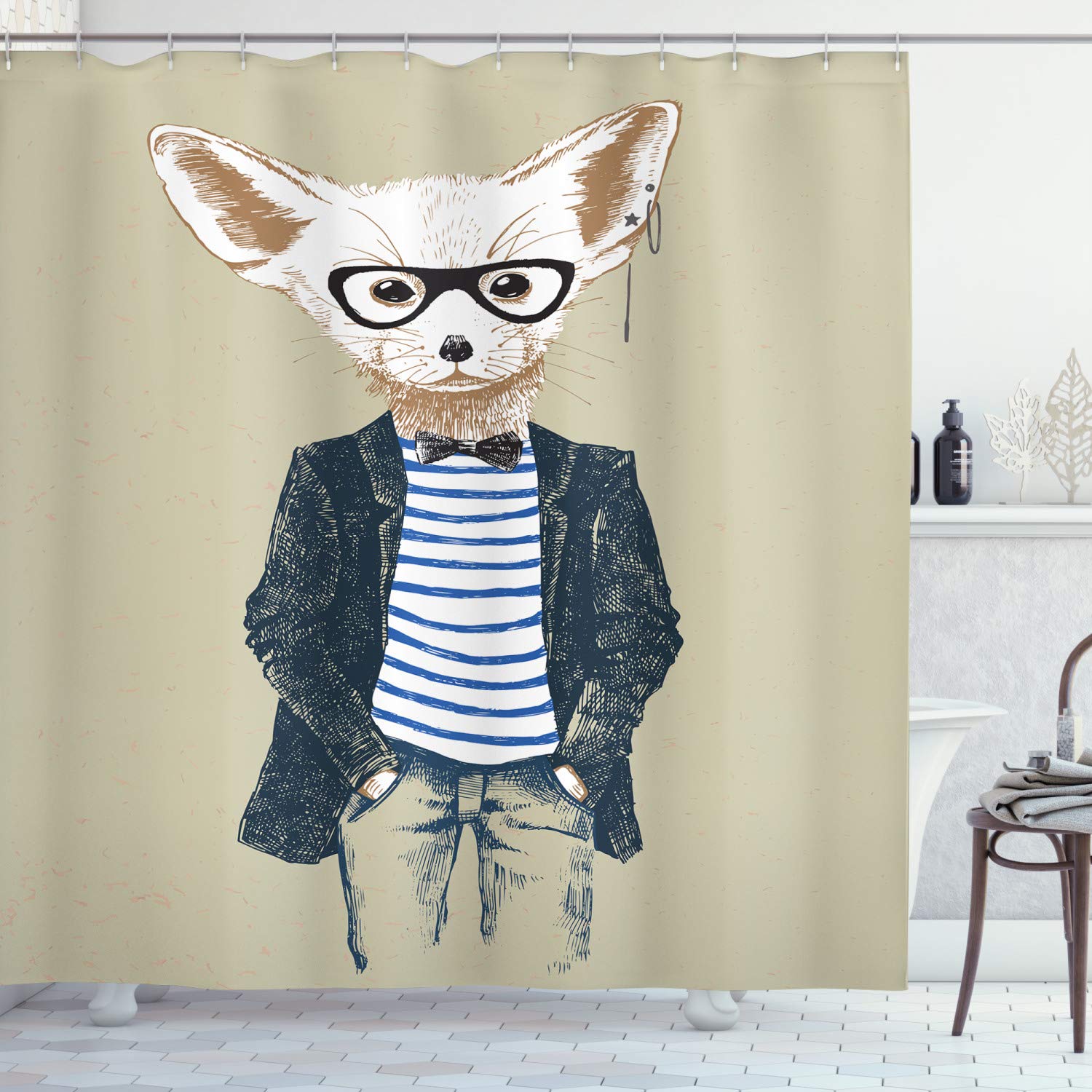 ABAKUHAUS Hipster Shower Curtain, Hilarious Sketch of Cool Posed Animal with a Blazer Modern Theme, Cloth Fabric Bathroom Decor Set with Hooks, 86" Inches, Pale Khaki Multicolor