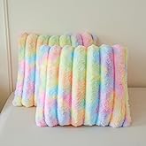 MEGO 2 Pack Fluffy Faux Rabbit Fur Throw Pillow Covers, Comfy Wide Stripe Plush Fuzzy Home Decor Square Cushion Covers with Zipper, Shaggy Tie Dye Pillow Shams for Bed Couch Sofa Chair, 18x18, Rainbow