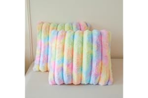 MEGO 2 Pack Fluffy Faux Rabbit Fur Throw Pillow Covers, Comfy Wide Stripe Plush Fuzzy Home Decor Square Cushion Covers with Zipper, Shaggy Tie Dye Pillow Shams for Bed Couch Sofa Chair, 18x18, Rainbow