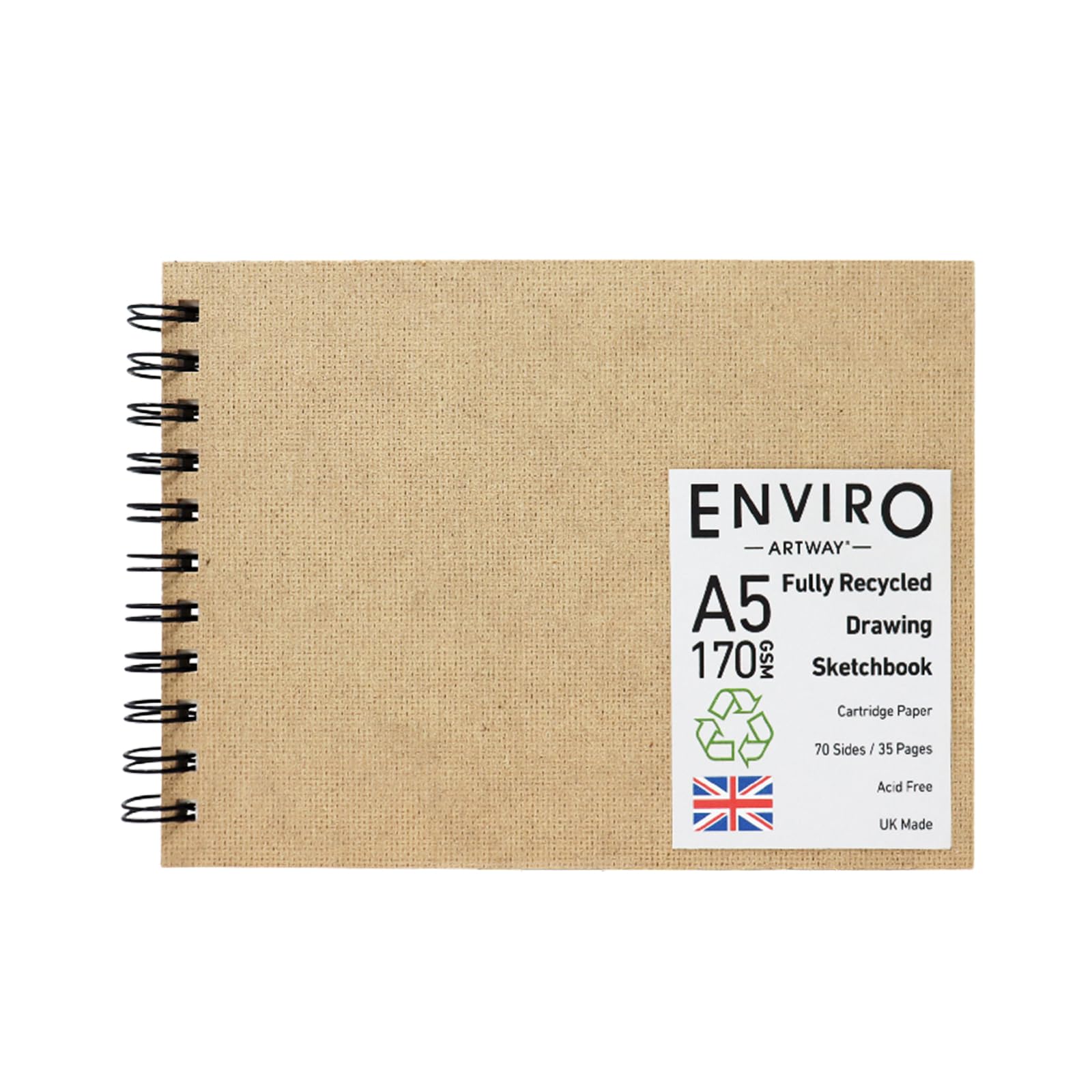 Artway Enviro – Spiral Bound A5 Sketchbook – Landscape - 70 Sides/35 Pages of Recycled 170gsm Drawing Paper – 100% Recycled Sketchbook / Scrapbook, White