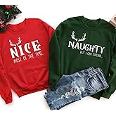 Personalized Handmade Naughty & Nice Couple Christmas Sweatshirts – Funny Matching Holiday Crewnecks for Couples, Cute Xmas Sweaters Red