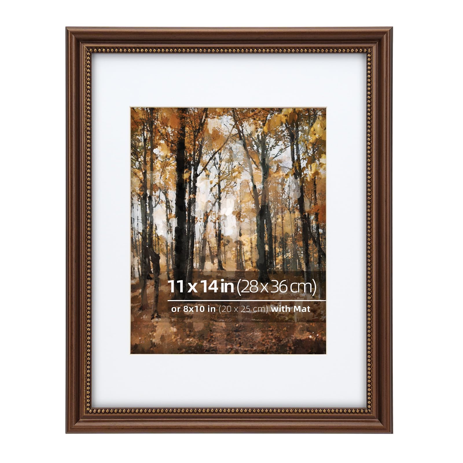 Eitida 11x14 in Wood Classic Gallery Picture Frame, Ornate Beaded Inner, Matted for 8x10 Photo, Vertical or Horizontal Display, Dark Brown
