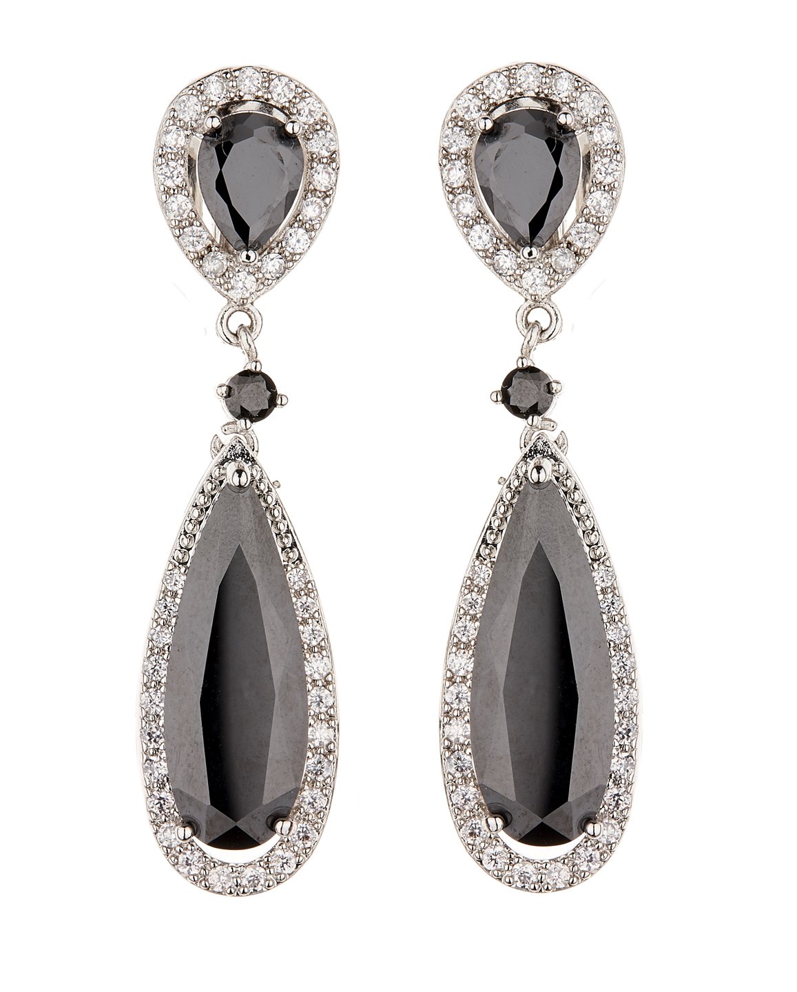 Clip On Earrings - Silver Plated Drop With Black Stones - Bano