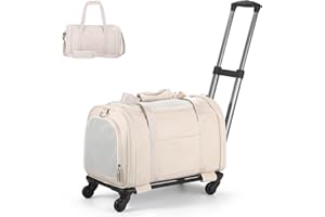 Lasaviin Leather Pet Carrier with Wheels, Airline Approved Travel Bag for Small Dogs & Cats Under 15 lbs, Rolling Pet Carrier