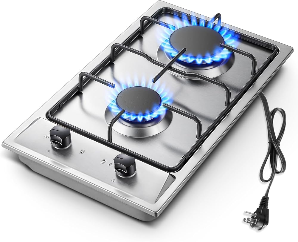 12 Inch Gas Cooktop, 2 Burner Propane Cooktop, Stainless Steel | ETL Certified, Thermocouple Protection, NG/LPG Convertible,