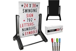 EXCELLO GLOBAL PRODUCTS Swinging Changeable Message Sidewalk Sign: 24" x 36" with 792 Pre-Cut Double Sided Letter & Storage Box, Black Sign Board & 4 Liquid Chalkboard, Letter Board, Black Color Legs