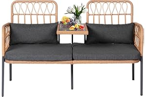 PROHIKER Patio Furniture Outdoor Rattan Loveseat 2-Seat with Built-in Table, Lumbar Pillows and Cushions, All-Weather Wicker Loveseat Porch Chairs for Balcony, Lawn, Backyard