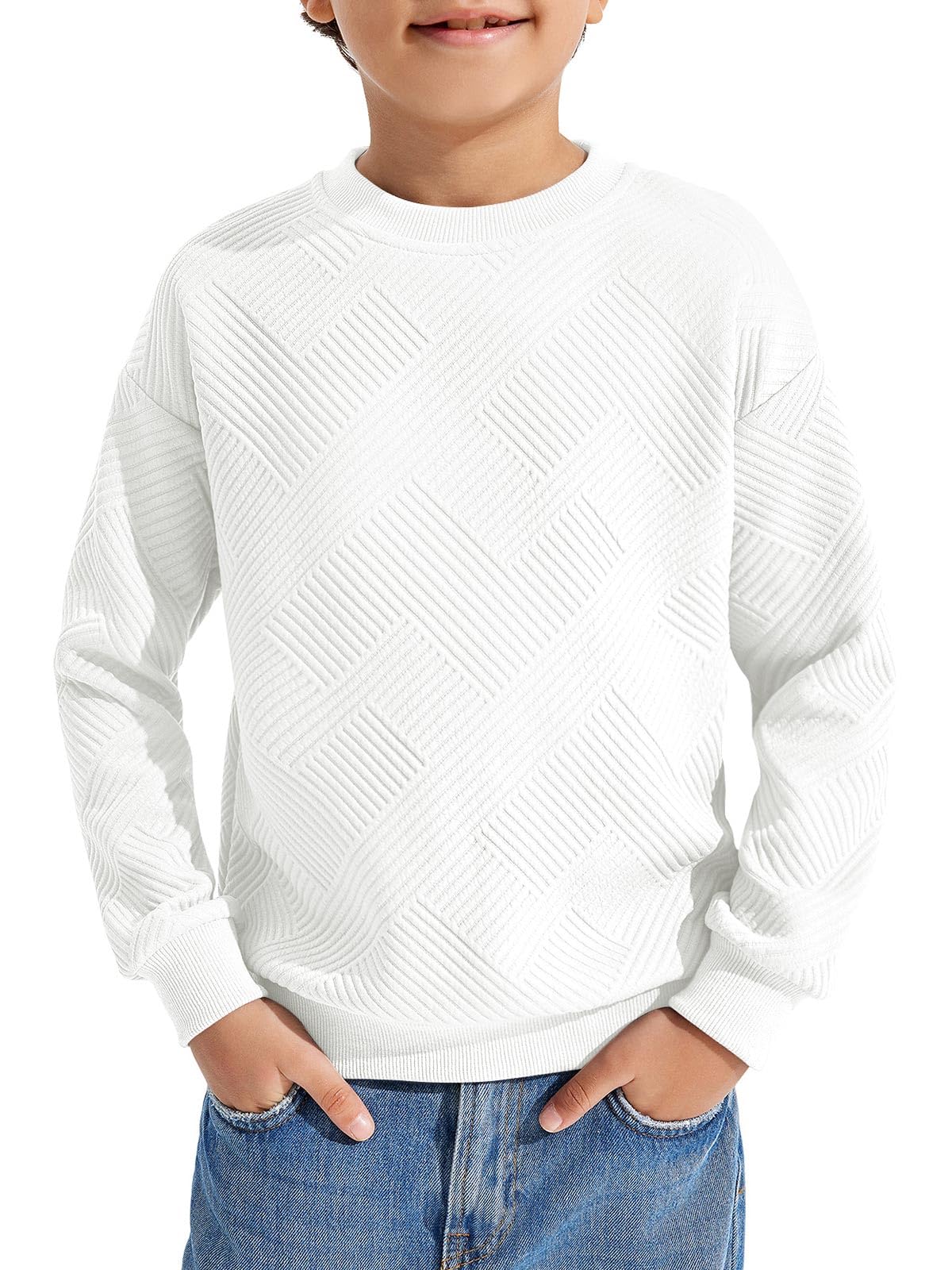 Photo 1 of Haloumoning Boys Geometric Texture Sweatshirts Fashion Crewneck Long Sleeve Pullover Shirts 5-14 Years White