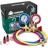 Hongsen HVAC Manifold Gauge Set with Brass Body and Explosion-Proof Lens, AC Gauge Set with 3FT Hoses and R410A Adapters, Compatible with R410A, R32, R134a, and R22