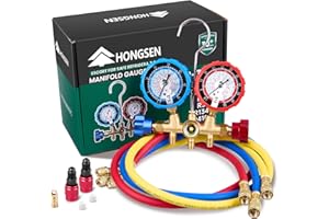 Hongsen HVAC Manifold Gauge Set with Brass Body and Explosion-Proof Lens, AC Gauge Set with 3FT Hoses and R410A Adapters, Compatible with R410A, R32, R134a, and R22