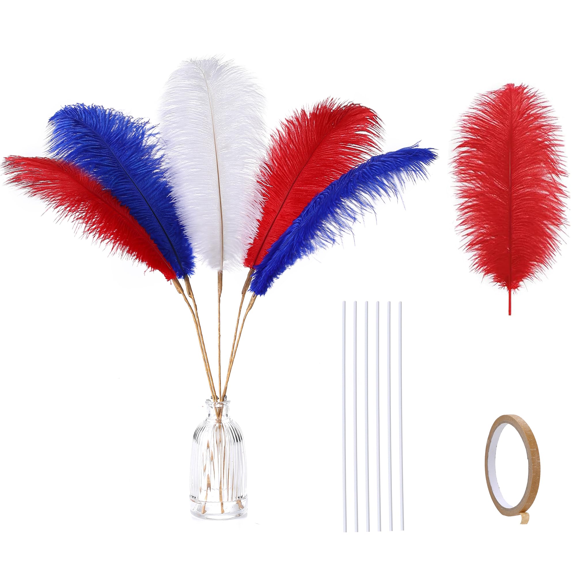 Photo 1 of Holmgren Red White and Blue Ostrich Feathers - 20pcs Making Kit 22 Inch 4th of July Decor Ostrich Feathers Bulk for Vase, Floral Arrangement, Wedding Party Centerpieces and Home Decorations