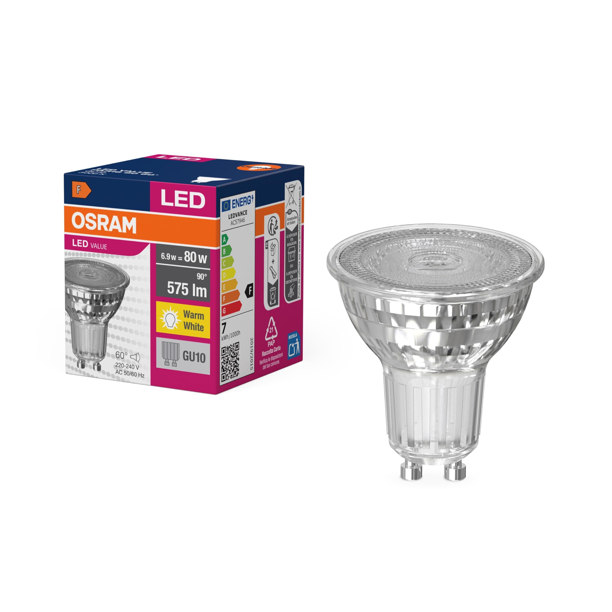 OSRAM LED Star Value PAR16 LED Reflector Bulb with GU10 GL Base 575 lumens, Warm White (3000K), Replacement for Conventional 80 W Incandescent Bulbs, Non-dimmable