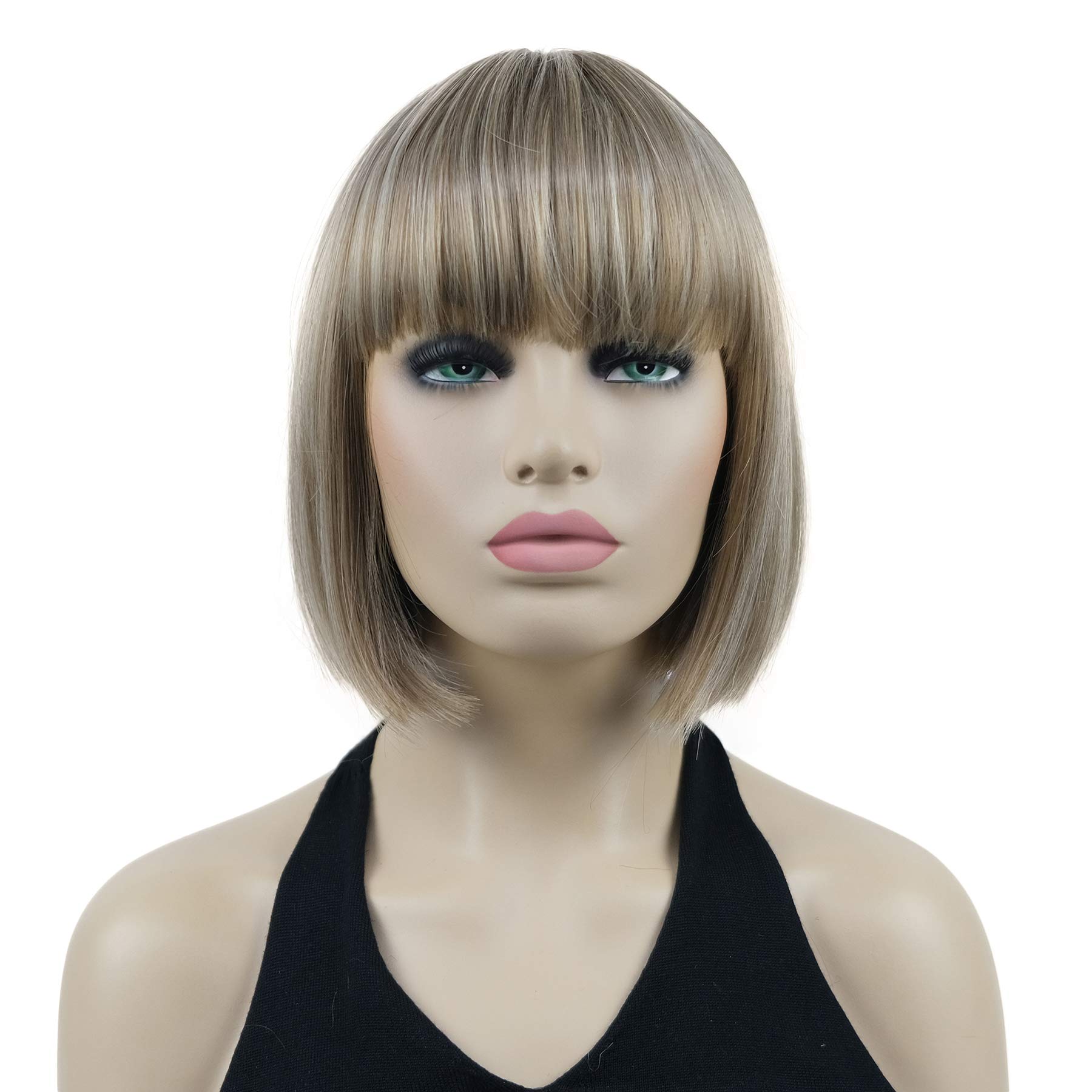 Lydell 8" Short Bob Hair Flat Bangs Cute Central Dot Skin Top Heat Resistant Synthetic Wigs (H16D613 Blonde Highlighted)