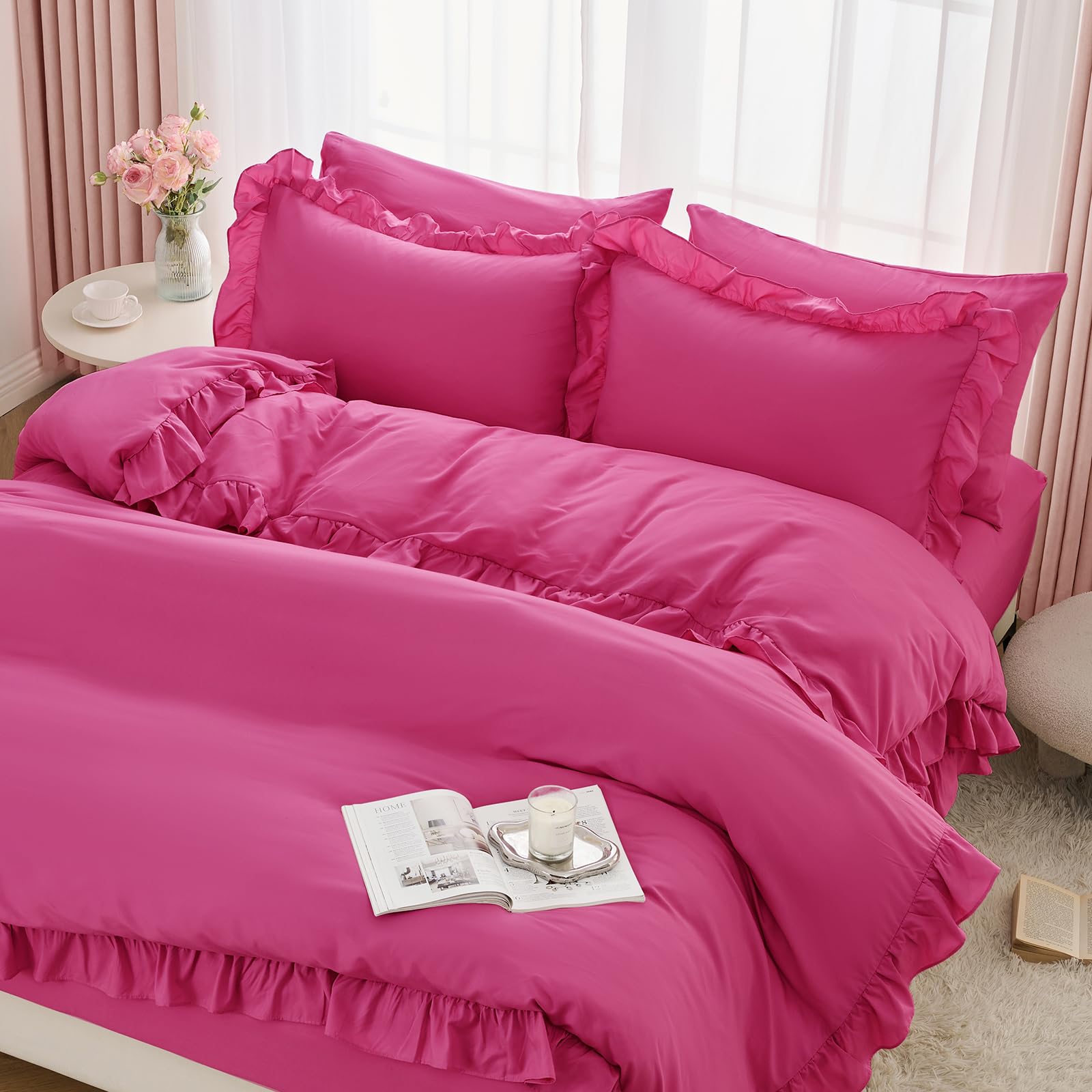 Photo 1 of Horbaunal 5 Pcs Hot Pink Ruffle Duvet Cover King Size Soft Microfiber Shabby Chic Ruffled Duvet Cover Set, Vintage French Country Ruffle Bedding Set with Zipper Closure & Corner Ties, 90" x 104"