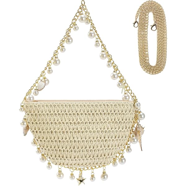 Women 9 Inch Straw Clutch with Pearl Beads & Detachable Straps for Beach, Weddin Pearl Embellished Straw Clutch | Talbots main image 3
