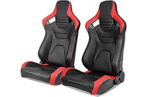 IKON MOTORSPORTS, Universal Racing Seats Pair with Dual Sliders, PU & Carbon Leather Red Stripe Reclinable Left Right