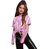 Perfashion Girls Metallic Shirts Shiny Tie Front Knot Crop Top with Arm Sleeves for Dancing Raves Festivals 4-15 Years