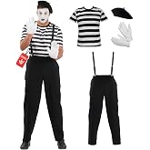 fun shack, Mime Costume Men, Halloween Costumes for Men | Black Pants with Attached Braces, Classic Black, White Striped Shirt Included, Perfect for Halloween, Great for Dress-Up