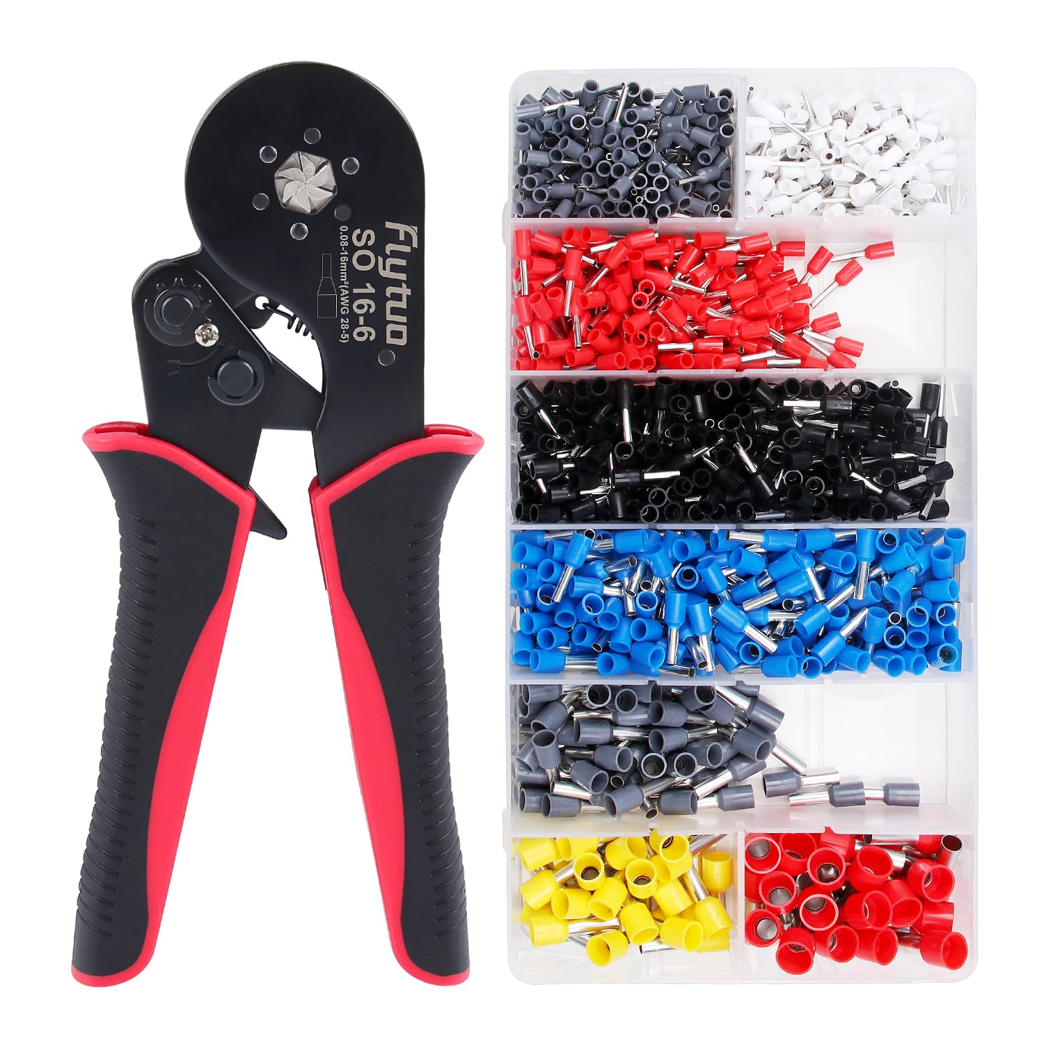 Flytuo Hexagonal Ferrule Crimping Kit,Self-Adjustable Ratchet Bootlace Crimping Pliers Set for 0.08-16mm² (AWG 28-5) Includes 1200 Wire Terminal Crimp Connectors