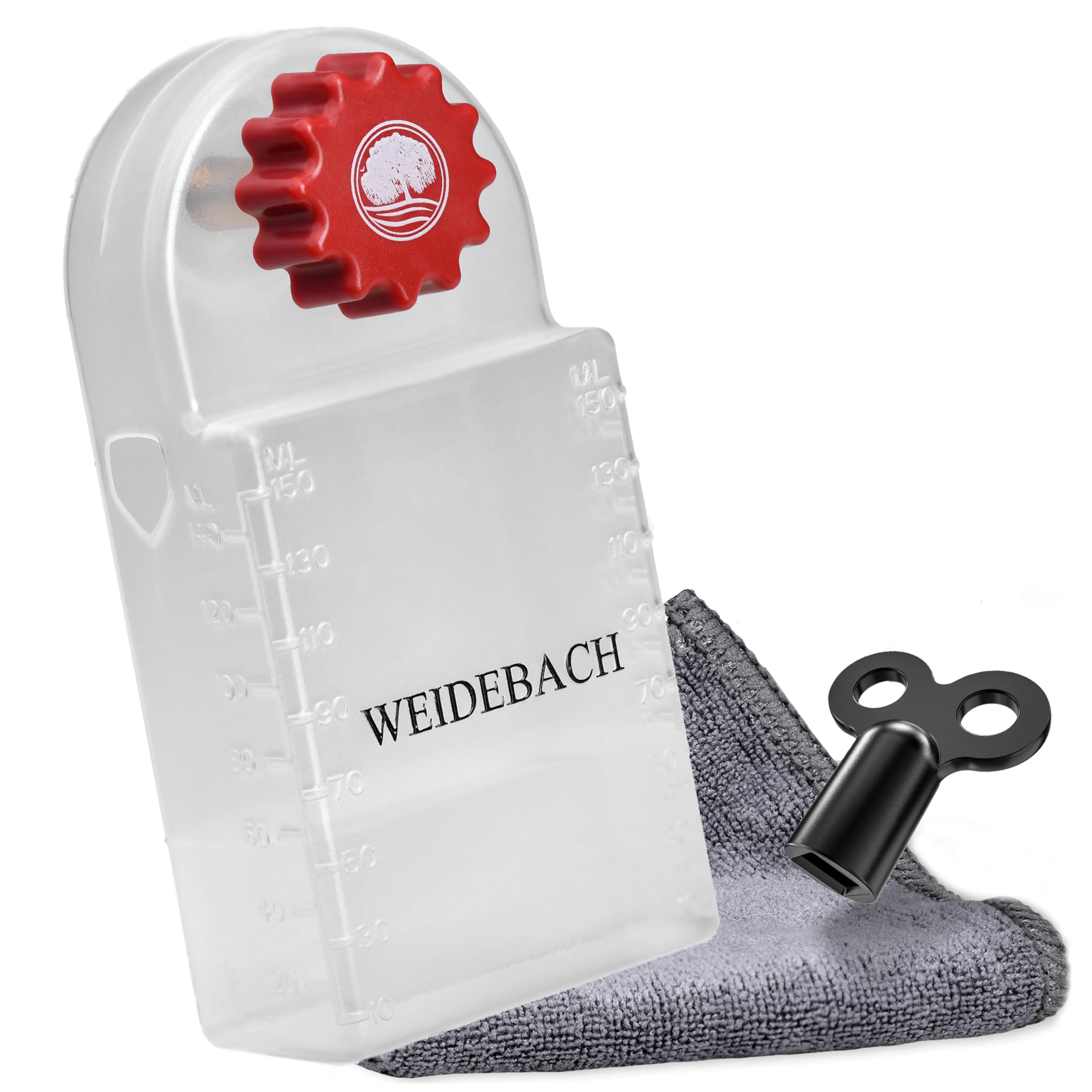 WEIDEBACH® Radiator Vent Key with Collection Container (140ml), Radiator Ventilator including Microfiber Cloth & Mini Vent Key for tight spaces, suitable for all radiators, wide design