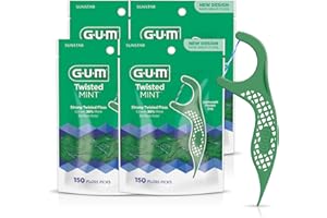 GUM Twisted Mint Floss Picks - Twisted Threads, Shred-Resistant Floss, Easy Grip Handle, 150 Count (Pack of 4)