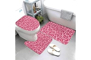 Jbofyee Pink Leopard Texture 3 Piece Bathroom Rugs Set, Bath Mat + Contour Mat + Toilet Seat Cover, Non-Slip Soft Microfiber Bathmat for Tub Shower Room Decor, Machine Washable