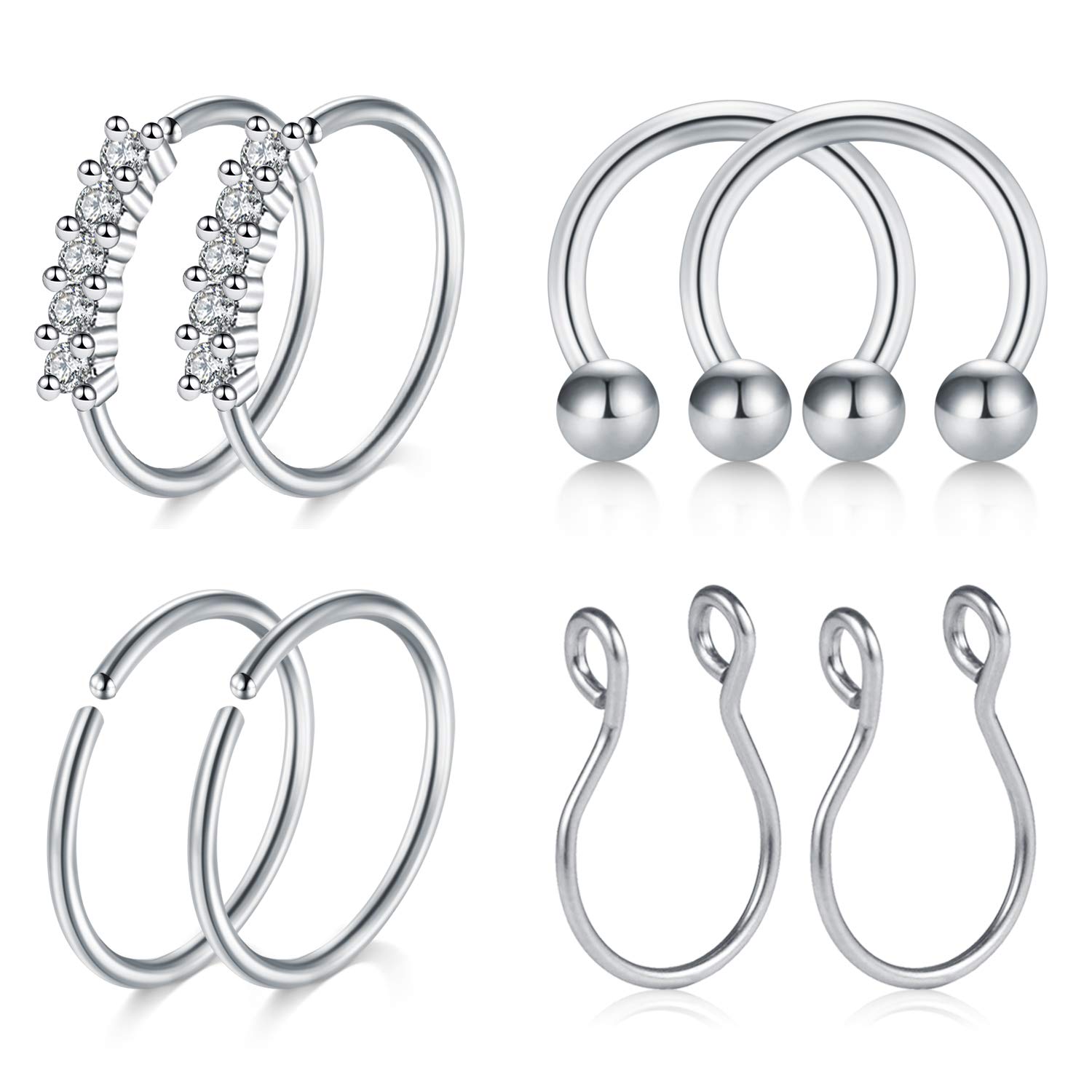 20 Gauge Fake Nose Rings Stainless Steel Septum Rings CZ Inlaid Fake Piercing Nose Lip Rings for Women Men Body Jewelry - Silver