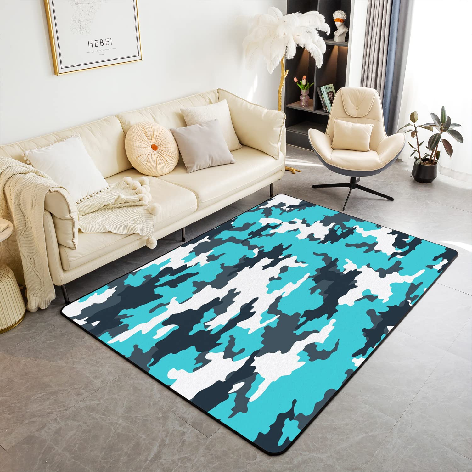 Homemissing Camo Area Rug Camouflage Living Room Rugs for Living Room Bedroom Military Style Black White Blue Indoor Floor Mat 100 * 150cm