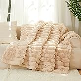 The Nantucket Blanket - LuxeComfort Faux Fur Striped Blanket 50"x60" Shoreline Beige - Luxuriously Soft Cozy Warm Gift for Women, Plush Silky Fuzzy Heavyweight Reversible Design Home Decor