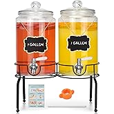 PARAISODOS 1 Gallon Beverage Dispenser 2 Pack, Stainless Steel Spigot Drink Dispenser for Parties with Stand, Clear Glass Drink Container Easy to Refill and Clean
