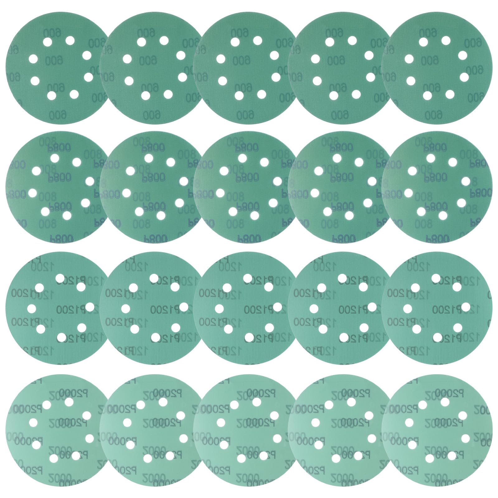 Kozelo 20pcs Green Film Sanding Discs - [5 Inch 600/800/1200/2000 Grits 8 Hole ] Round Aluminum Oxide Hook & Loop Wet Dry Sander Pads for Wood Metal Polishing Use