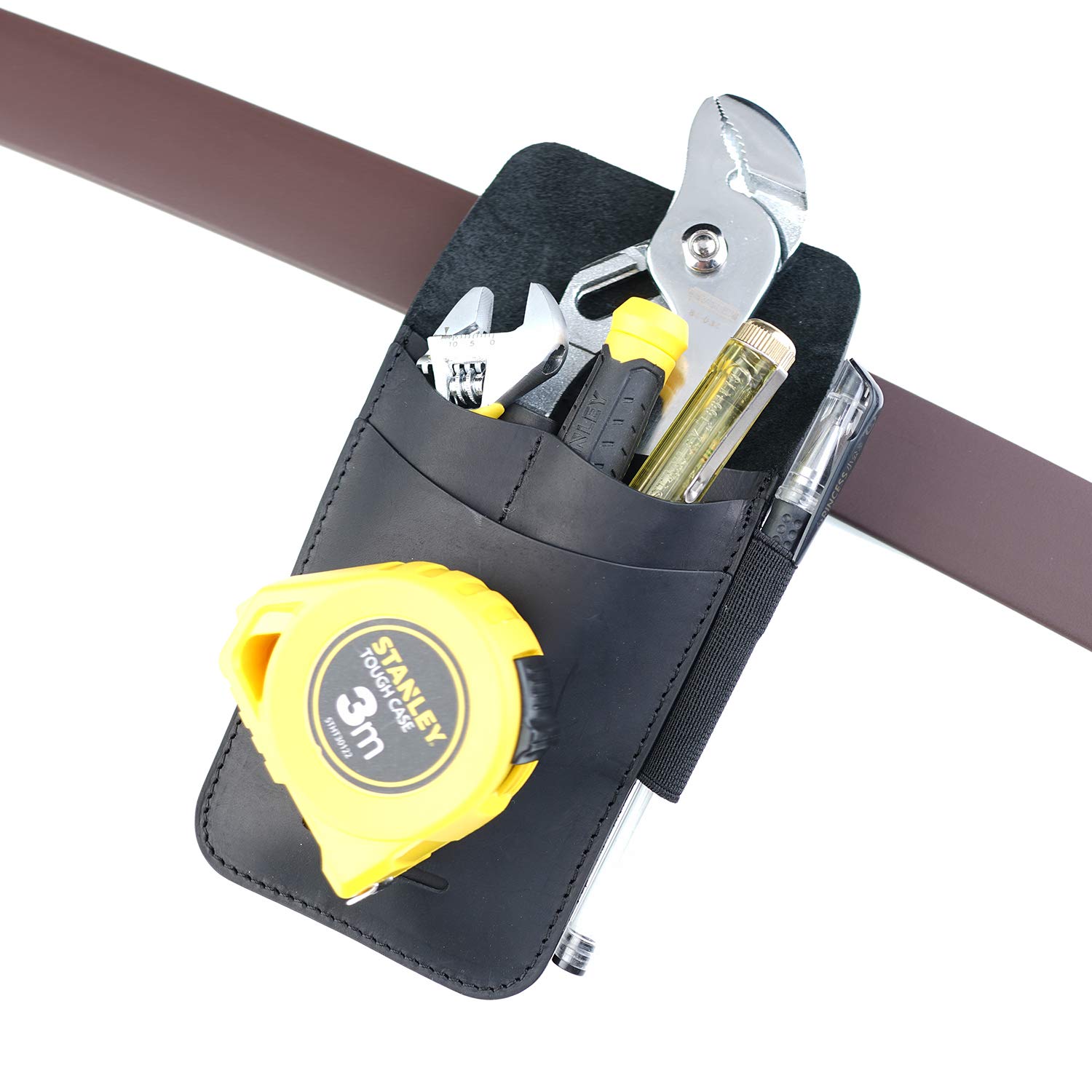 VIPERADE PJ14 Leather Tool Pouch, Tape Measure Holder, Pliers Pouch, Screwdriver Holster, 4 Pockets Organizer Sheath with 1 Tactical Pen Loop (Black)