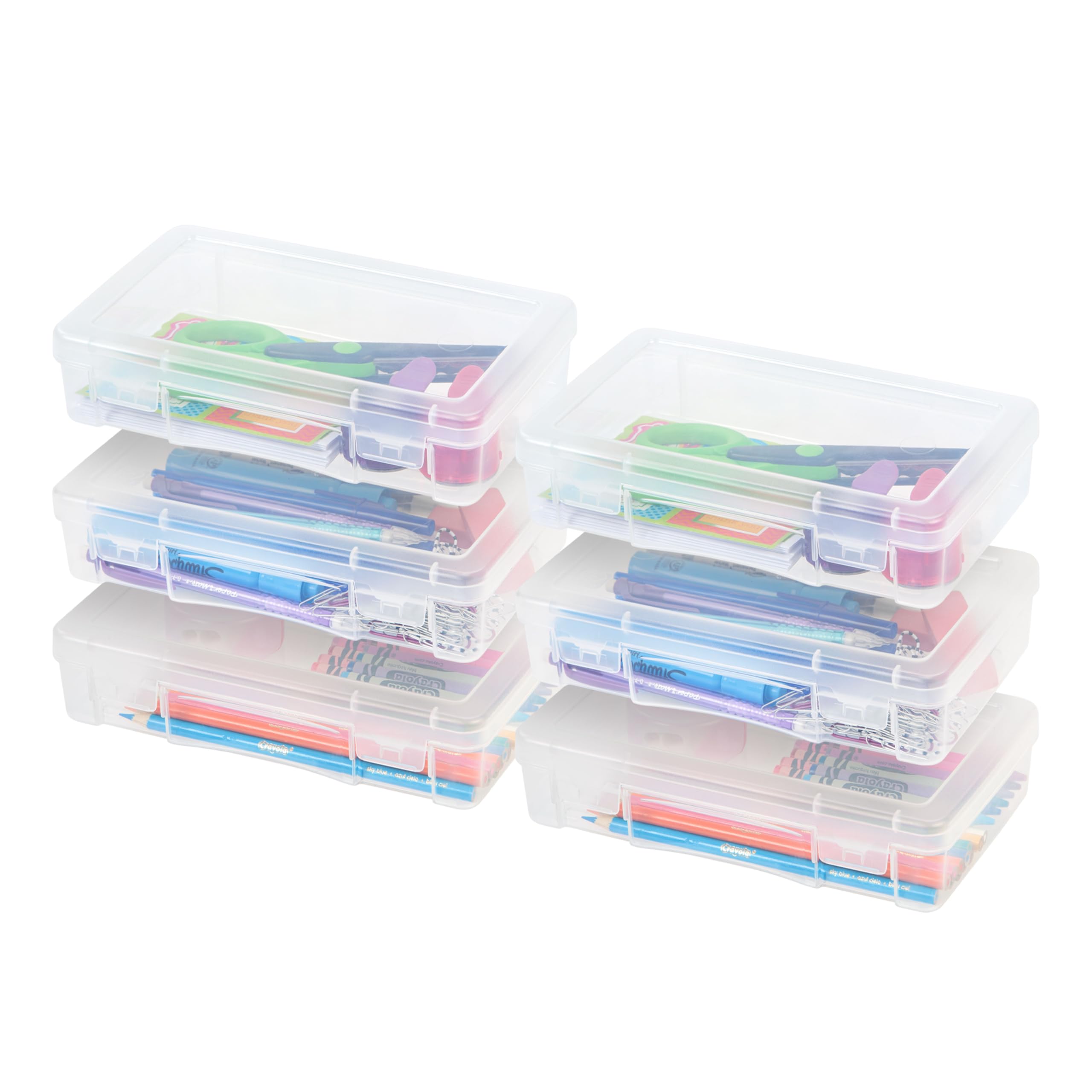 Photo 1 of IRIS USA Pencil Case Plastic Pouch Box Storage Organizer for Beads, Pens, and Art Supplies, 6-Pack, Stackable Container with Snap Lid for Jewelry, Stickers, and Tackle Box, Clear, Medium