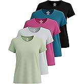 Real Essentials 5 Pack: Women's Short Sleeve T-Shirts Workout Tops Fitness Pilates Gym Activewear Athletic (Plus Available)